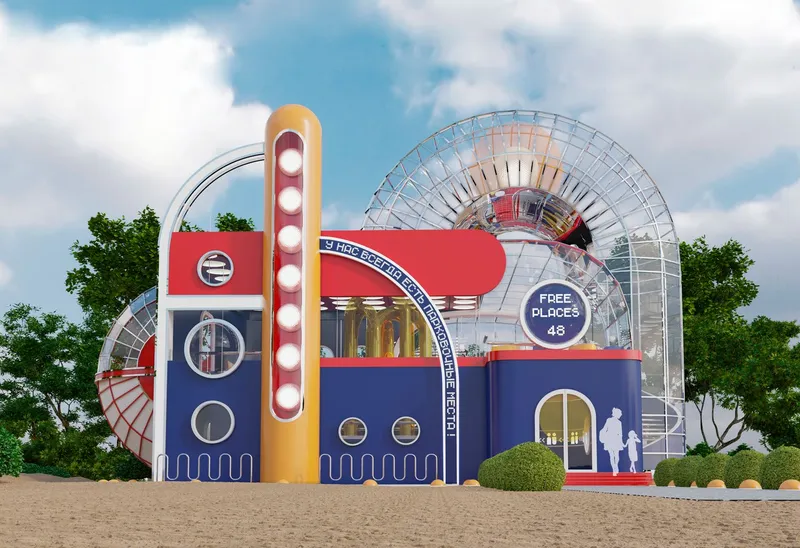 Exterior view of FoodBall, where architecture expresses automation through bold color, form, and visible mechanics.