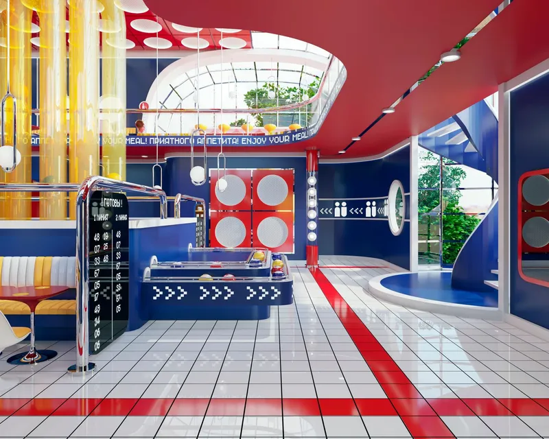 The central automated conveyor system transforms food distribution into a kinetic spatial experience.