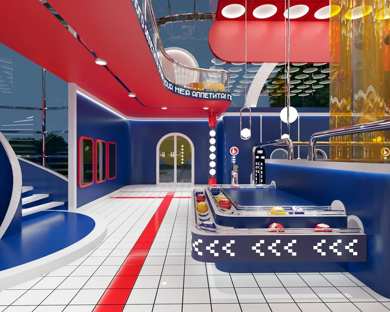 Interior circulation organized around motion, transparency, and the visibility of mechanical processes.