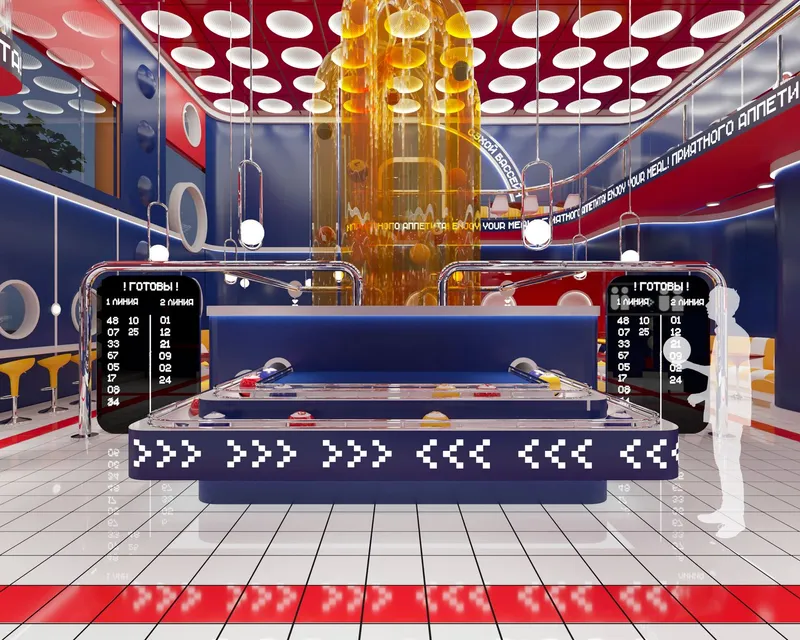 Playful interior geometry inspired by machines, games, and industrial efficiency.