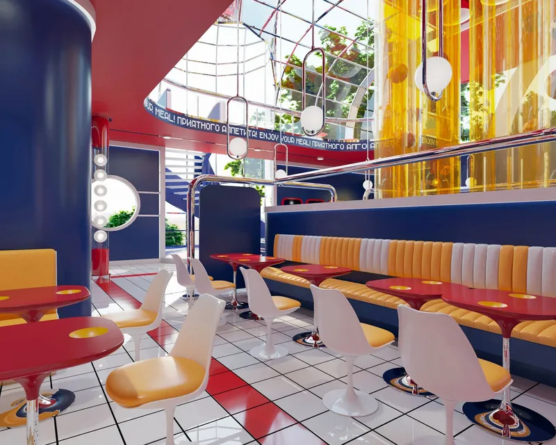 Seating zones integrated with conveyor systems to blur the boundary between dining and movement.