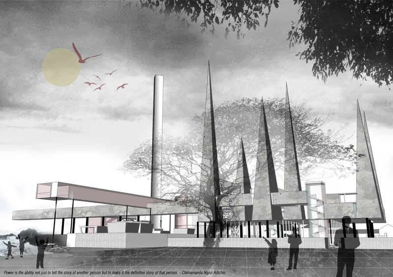 Sharp spires and grounded planes form an architecture of unease, reflection, and collective remembrance.