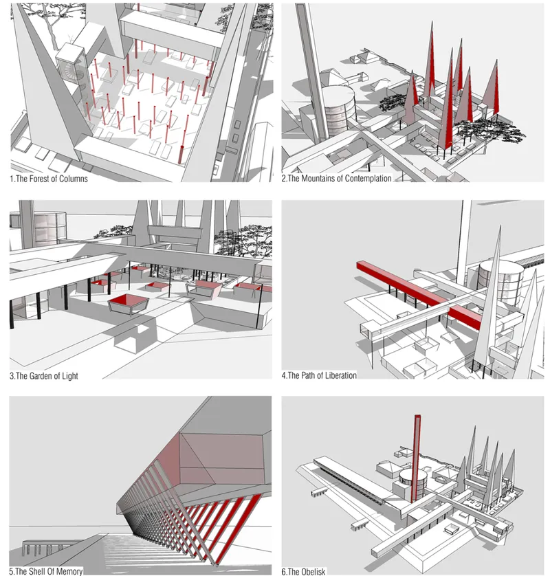 Conceptual fragments translating memory into spatial sequences—columns, voids, and vertical markers of loss.