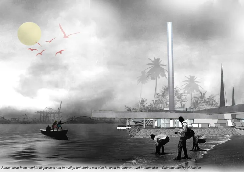 The memorial emerging along the shoreline, confronting everyday life with forgotten narratives of labor and displacement.
