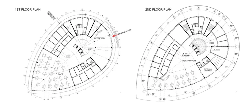 Public program layout showing reception, café, restaurant, and shared hospitality spaces.
