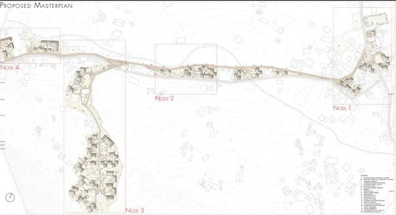 Linear, node-based masterplan structuring cultural, residential, and public programs along Andretta’s primary movement spine.