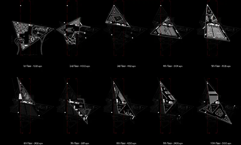 Rotating triangular floor plates create varied spatial experiences across levels.