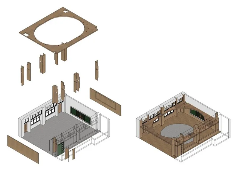 Exploded axonometric drawing showing timber components, curved roof opening and two classroom configurations
