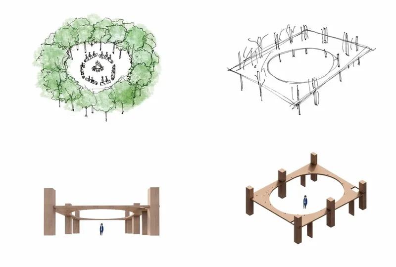 Sketch set showing plan, elevation and axonometric views of circular timber structure with perimeter seating