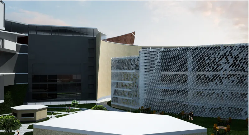 Courtyard and multi-use block view, emphasizing filtered light, transparency, and social interaction.