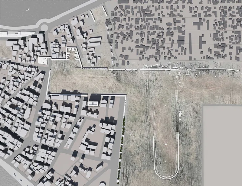 Plan view revealing the coexistence of modern urban blocks and preserved archaeological zones.