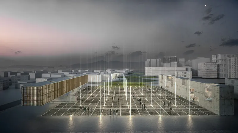 Interior passage framed by vertical screens, emphasizing light, scale, and the experience of inhabiting the limit.