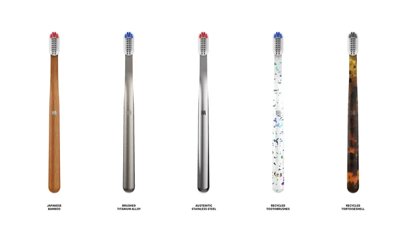 Material-driven handle variants showcasing bamboo, metal, and recycled composites within a modular toothbrush system.