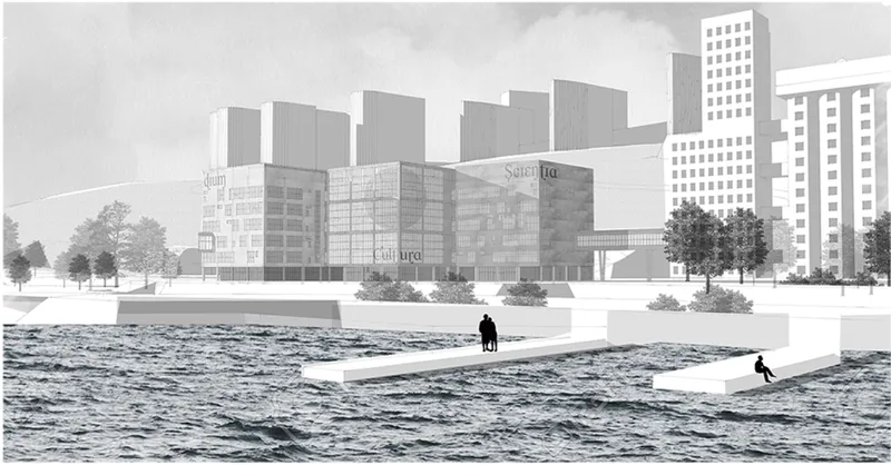 Perspective view showing the building’s engagement with the Yenisei river and its role as an ecological and urban landmark.