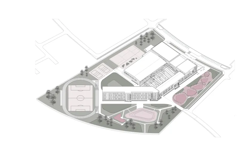 Integrated master plan illustrating the relationship between academic blocks, sports facilities, and landscape zones.