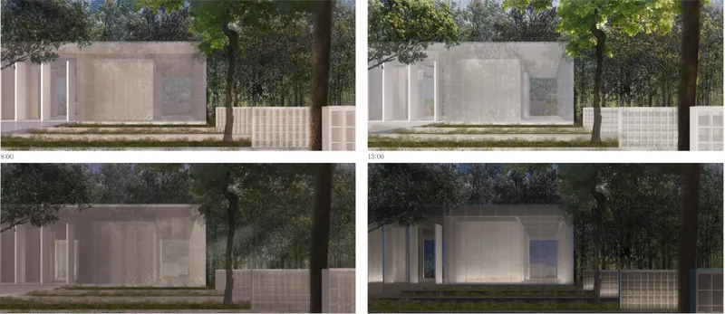 Daylight sequence demonstrating the crematorium’s changing atmosphere over time.