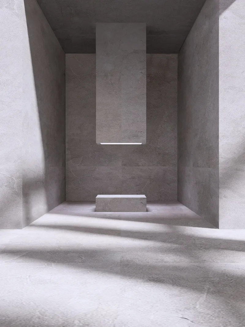 Minimal farewell chamber defined by light, proportion, and material restraint.