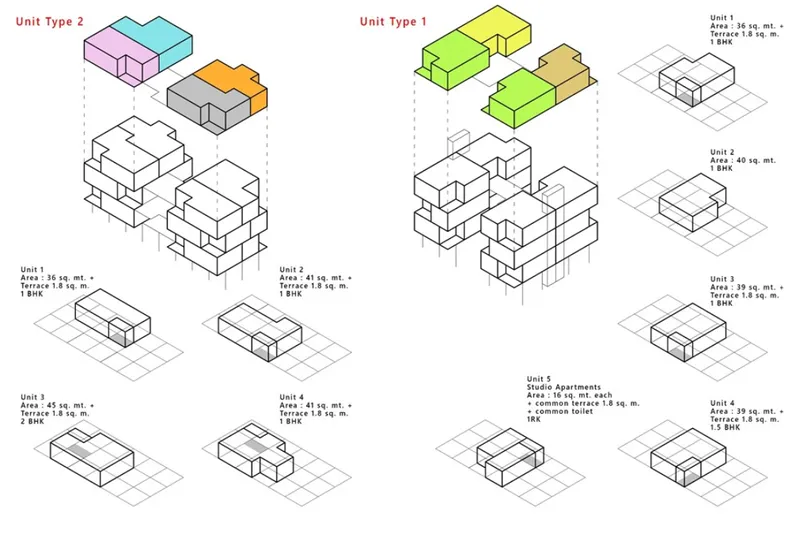 Exploded axonometric diagrams of adaptable housing units designed for flexibility, density, and incremental growth.