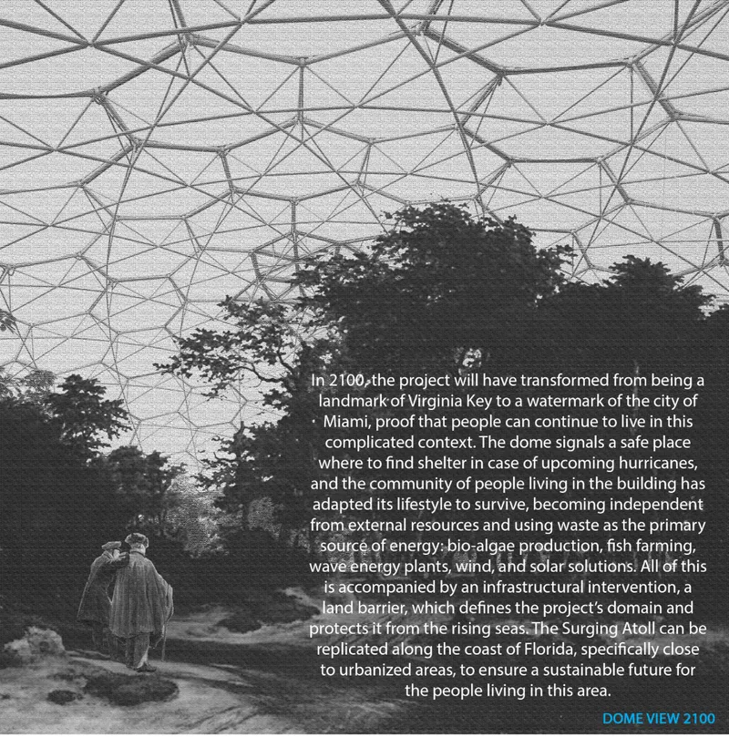 Dome view 2100 presenting the self-sufficient living environment supported by renewable energy systems and protective infrastructure.