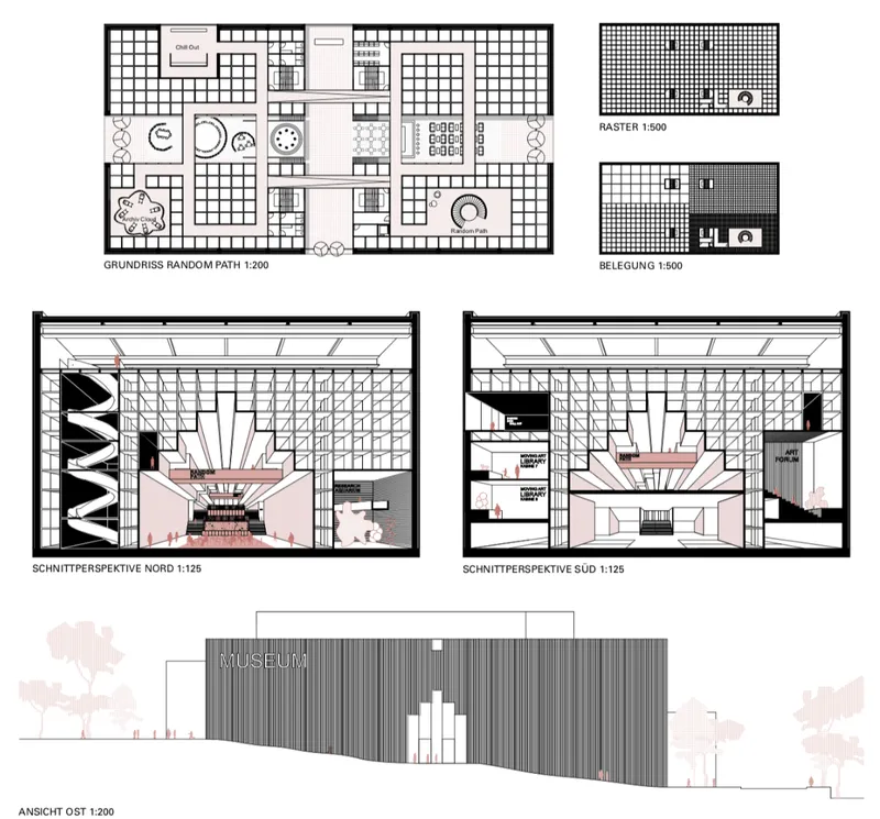 Random Path floor plan and sections – A non-linear circulation system encouraging exploratory movement through collections and programs.