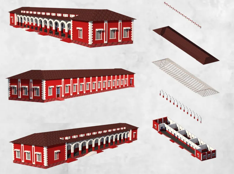 J-Block Administrative Building — Exploded view illustrating spatial organization and structural components.