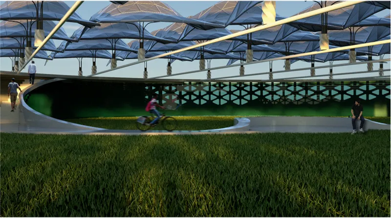 Community center courtyard, sheltered by a parametric shading canopy that filters daylight and supports social interaction.