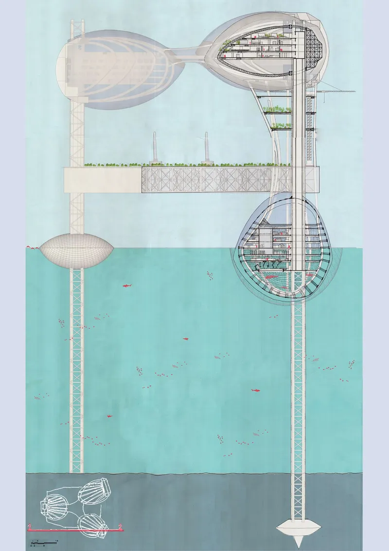 Structural section revealing integration of existing offshore columns with new inhabitable volumes.
