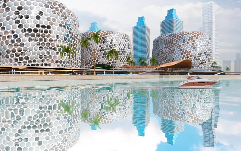 A waterfront vision of sustainable architecture, where climate-responsive forms reflect sun, wind, and water in harmony.
