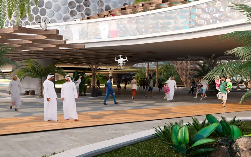 Multi-level circulation and landscape integration enhance walkability and comfort within a climate-adaptive architectural system.