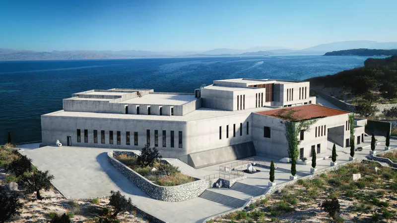 Aerial view of the Multifunctional Cultural Center integrated into the coastal landscape of Corfu.
