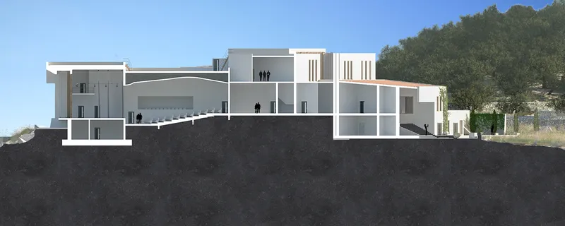 Sectional view revealing spatial hierarchy and multifunctional interior programming.