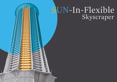 The image showcases a modern skyscraper design with a unique facade featuring curved balconies and a