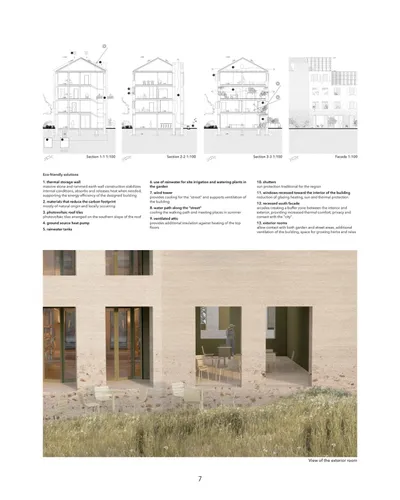 The image presents an architectural design focused on sustainability, showcasing building sections, 