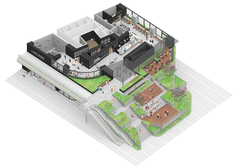 Axonometric drawing showing interior reading spaces and exterior terrace with planted green zones and figures