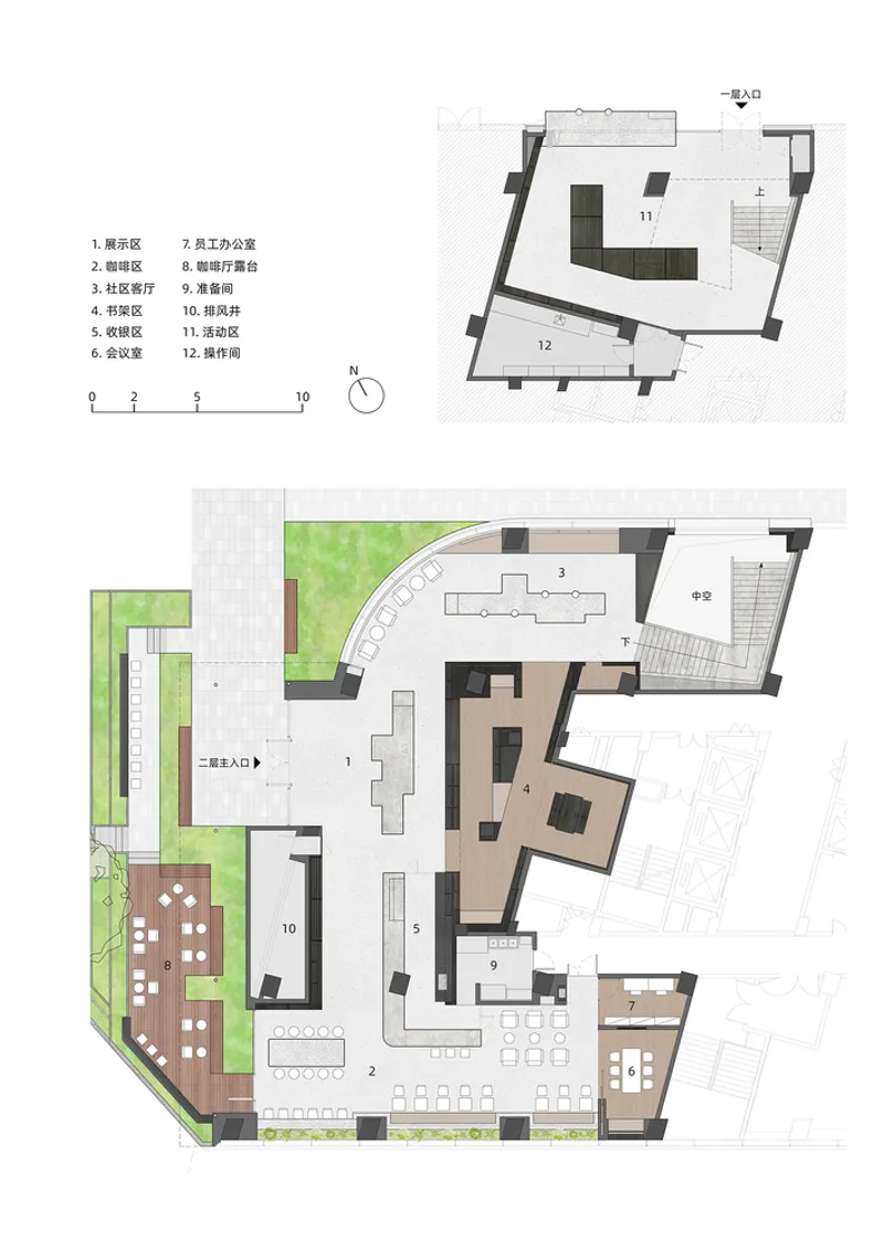 Floor plan drawings depicting two levels with numbered rooms and outdoor terrace areas