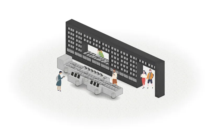Isometric drawing of a service counter with perforated screen wall and visitors in queue