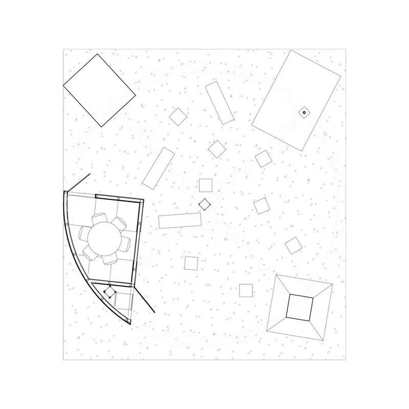 Plan drawing showing curved pavilion with circular table and scattered rectangular volumes across dotted ground