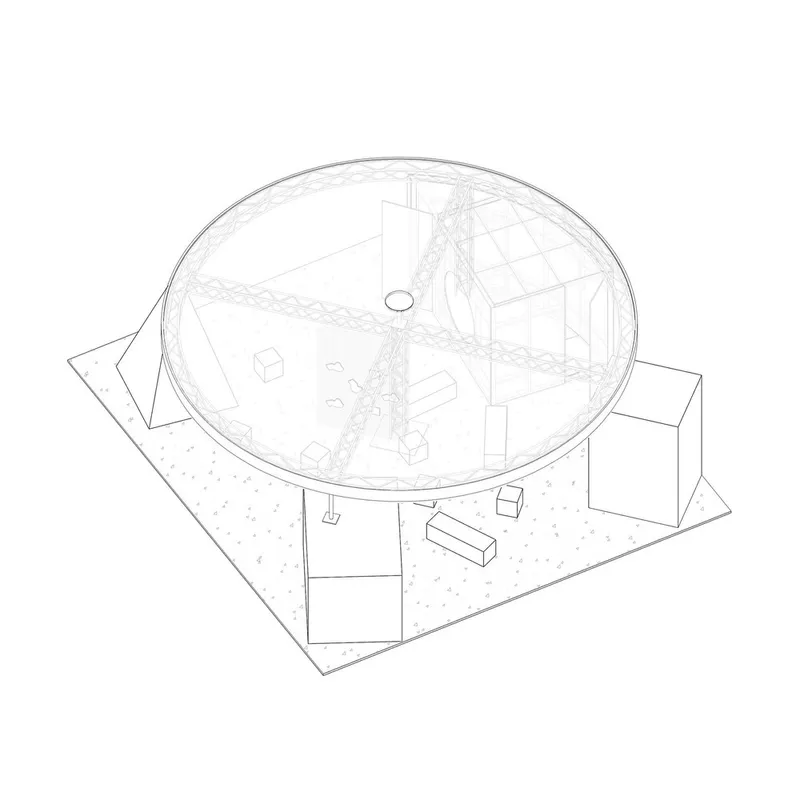 Axonometric drawing of circular pavilion with mesh structure and interior volumes on a square base