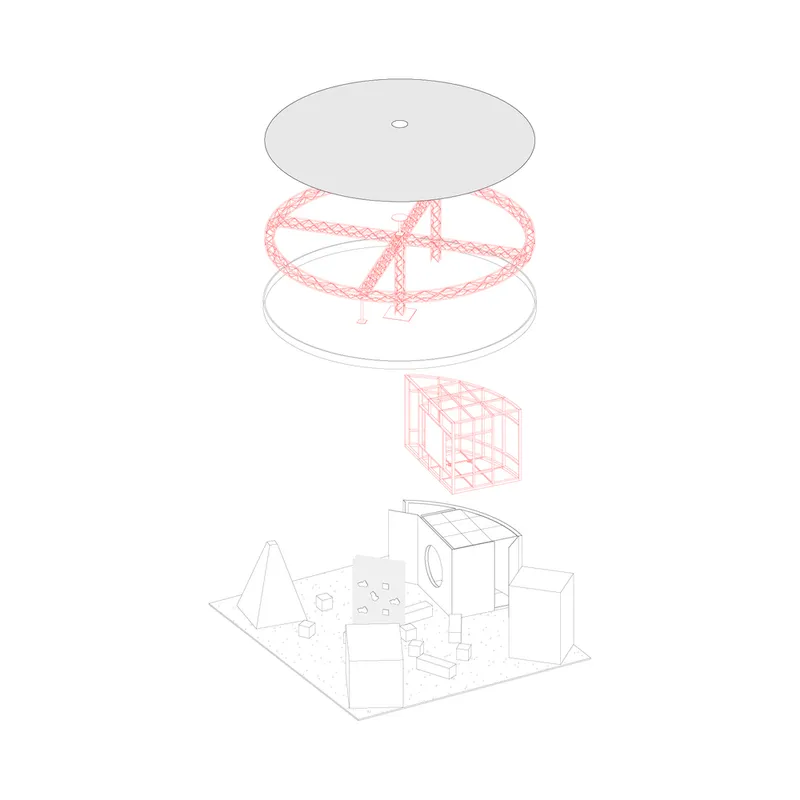 Exploded axonometric drawing showing circular roof, lattice structure, and ground-level pavilion components in pink and grey