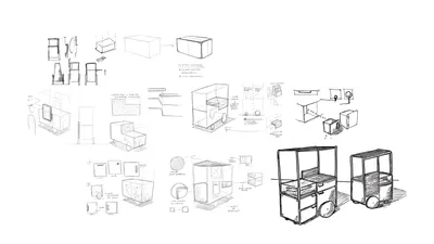 The image presents a series of architectural sketches exploring the design of a mobile retail cart. 