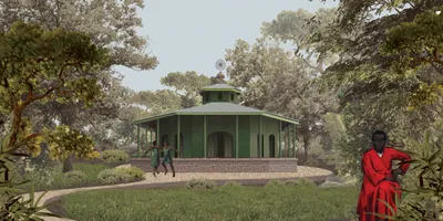 This architectural image showcases a green octagonal pavilion nestled within a lush garden setting. 