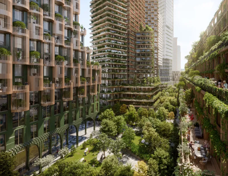 The car-free urban parks between the five towers. Courtesy of © Waterfront Toronto.