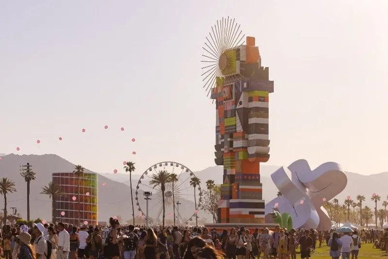 Coachella Valley Music and Arts Festival 2023, photo by Lance Gerber, courtesy CoachellaRaices Cultura, a grassroots arts and culture nonprofit organization founded and led by Coachella Valley-based multidisciplinary artist, educator and executive director Marnie L. Navarro, recruited and mentored 20 youth from the East Valley cities of Coachella, Indio, Mecca, Thermal, and La Quinta who built an art installation for the festival campground based on their shared approach to theme and aesthetics.