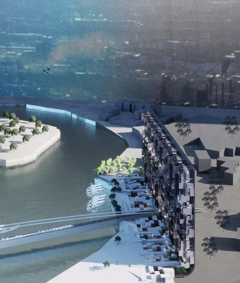 A futuristic riverfront structure blends urban living with green spaces, featuring cascading terraces and a bridge connecting to the heart of the city.