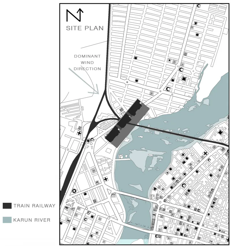 Urban site plan indicating wind flow across a riverside development.