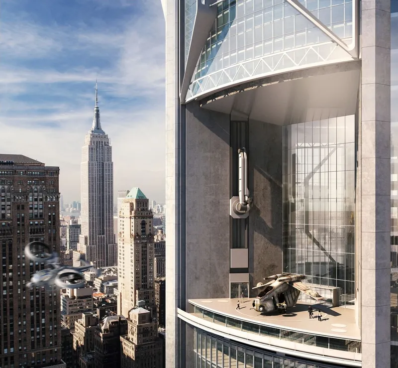Urban air mobility meets modern architectural elegance.