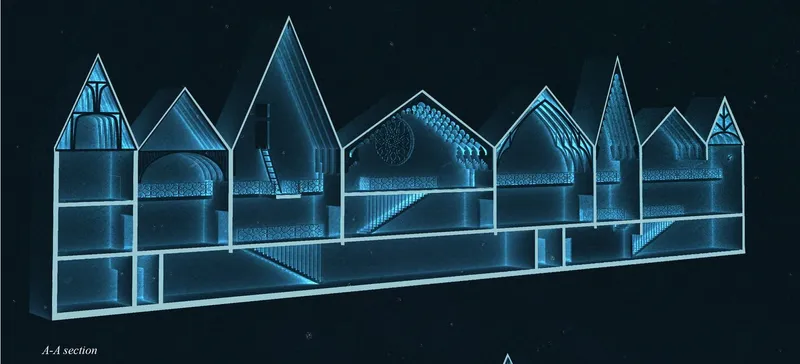 Illuminated medieval silhouettes bridging past and present architecture.