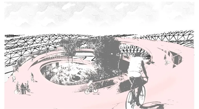 Cycling towards the future: embracing the seamless blend of nature and innovative architecture.