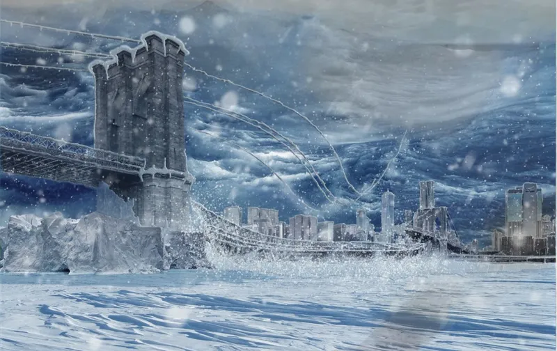Frozen Brooklyn Bridge, a testament to climate resilience.