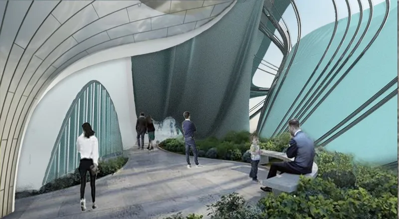 Eco-friendly urban oasis amidst a futuristic cityscape.